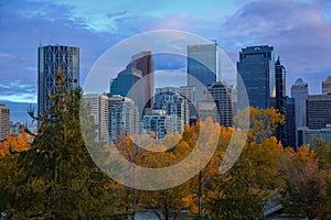 Calgary city skyline during autumn time under twilight