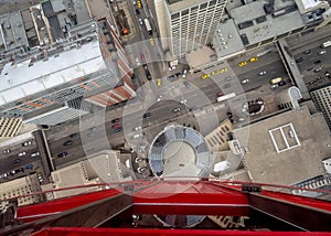 Calgary from the glass floor of the Calgary Tower