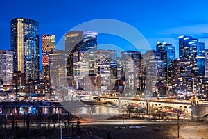 Calgary`s skyline at night on the Bow