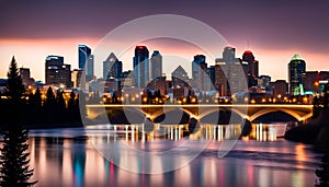 Calgary skyline at night with Bow River and Centre Street Bridge photo