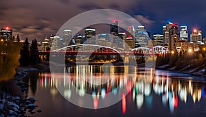 Calgary skyline at night with Bow River and Centre Street Bridge photo