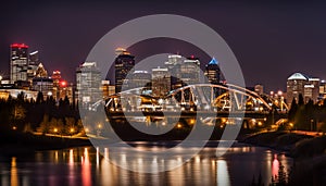 Calgary skyline at night with Bow River and Centre Street Bridge photo