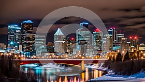 Calgary skyline at night with Bow River and Centre Street Bridge photo