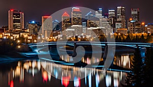 Calgary skyline at night with Bow River and Centre Street Bridge photo