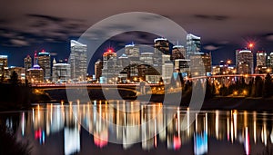 Calgary skyline at night with Bow River and Centre Street Bridge photo