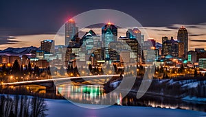 Calgary skyline at night with Bow River and Centre Street Bridge photo