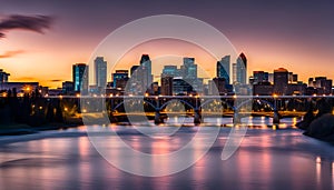 Calgary skyline at night with Bow River and Centre Street Bridge photo