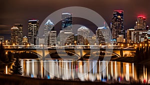 Calgary skyline at night with Bow River and Centre Street Bridge photo