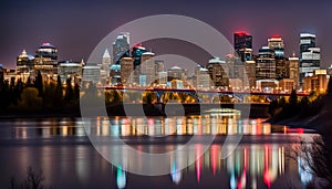 Calgary skyline at night with Bow River and Centre Street Bridge photo