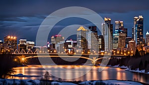 Calgary skyline at night with Bow River and Centre Street Bridge photo