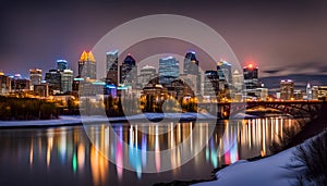 Calgary skyline at night with Bow River and Centre Street Bridge photo