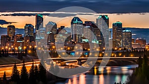 Calgary skyline at night with Bow River and Centre Street Bridge photo