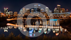 Calgary skyline at night with Bow River and Centre Street Bridge photo
