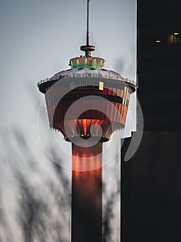 The Calgary Tower lit up just after sunset