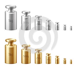 Calibration weights realistic isolated set. Golden and silver precision 3d weight for balance scales photo