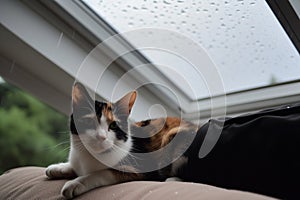 calico cat on an armrest, rain visible through a nearby skylight