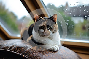 calico cat on an armrest, rain visible through a nearby skylight