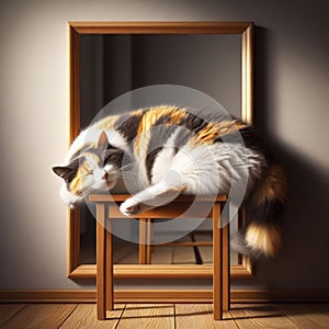 Calico cat sleeps next to a reflective mirror