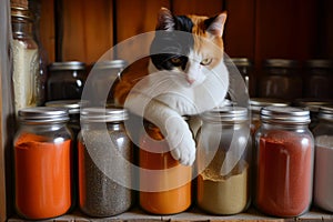 calico cat sitting among spice jars