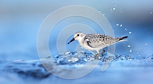 Calidris alba sandy sandstone it walks in the water and searches for food in the waves