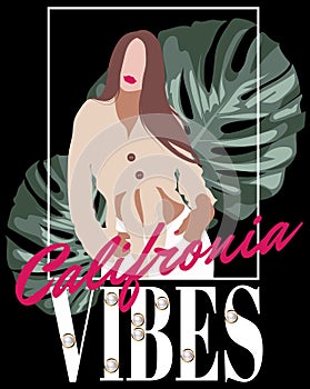 Califonia vibes. Vector hand drawn fashion illustration of girl with palm leaves isolated. photo