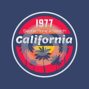 California 1977 - vector illustration concept in vintage graphic style for t-shirt and other print production. Palms, sun