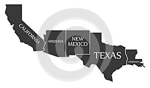 California - Arizona - New Mexico - Texas - Louisiana Map labelled black