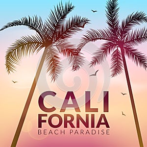California background with palm. Vector background beach. Summer tropical banner design. Paradise poster template illustration