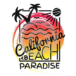 California beach paradise print for t-shirt. Vector illustration on the theme of surf and surfing. Fashion Slogan