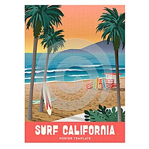 California beach surfing travel poster with sunset and palm trees.