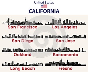 California cities skylines silhouettes vector set