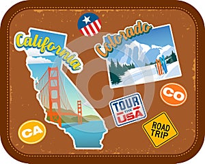 California and Colorado travel stickers with scenic attractions