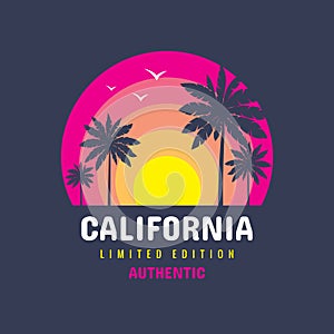 California - concept badge vector illustration for t-shirt and other design print productions. Summer, sunset, palms, surfing, sea photo