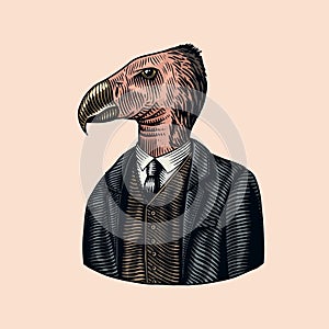 California condor gentleman. American Bird in costume. Fashion animal character. Hand drawn vintage sketch. Vector