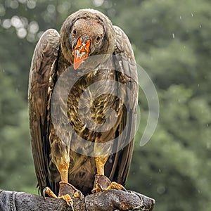 California condor, a significant bird to many California Native American groups, is on the trainer`s arm. Trained birds. Vertical