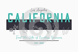 California design for t shirt with hand drawn elements and slogan. Typography graphics for tee shirt with flamingo, waves