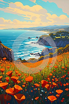California Dreams: A Vibrant Seascape of Orange Poppies and Ocea