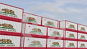 California flag containers are located at the container terminal. Concept for California import and export of closed-loop 3D anima