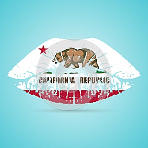 California Flag Lipstick On The Lips Isolated On A White Background. Vector Illustration.