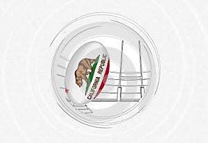 California flag on rugby ball, lined circle rugby icon with ball in a crowded stadium
