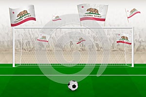 California football team fans with flags of California cheering on stadium, penalty kick concept in a soccer match