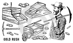 California gold rush vector hand drawn otline vintage illustration set with miner and rocker boxes