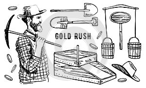 California gold rush vector hand drawn outline vintage illustration set with miner and tools