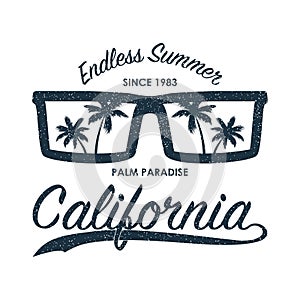 California grunge print for t-shirt with sunglasses and palm trees. Summer typography for clothes, original apparel. Vector