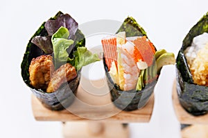 California Hand Roll Sushi Set : Foie Gras, Shrimp with Kani, Tamagoyaki, Avocado and Tobiko.