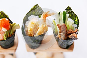California Hand Roll Sushi Set : Shrimp Tempura and Crispy Tuna Skin with Sliced Cucumber.