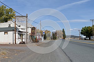 California Highway 299 passing through Canby with old hotel