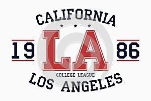 California, Los Angeles slogan typography graphics for t-shirt. College print for apparel. Varsity LA stamp. Vector.