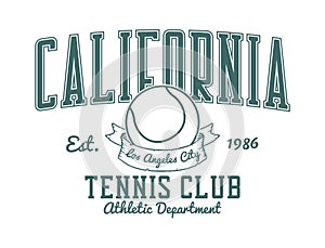 California, Los Angeles tennis club t-shirt design. College style tee shirt with tennis ball. Sport apparel print. Vector