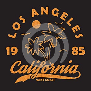 California, Los Angeles - typography for design clothes, t-shirt. Graphic print with palm tree, gull and sun for apparel. Vector.